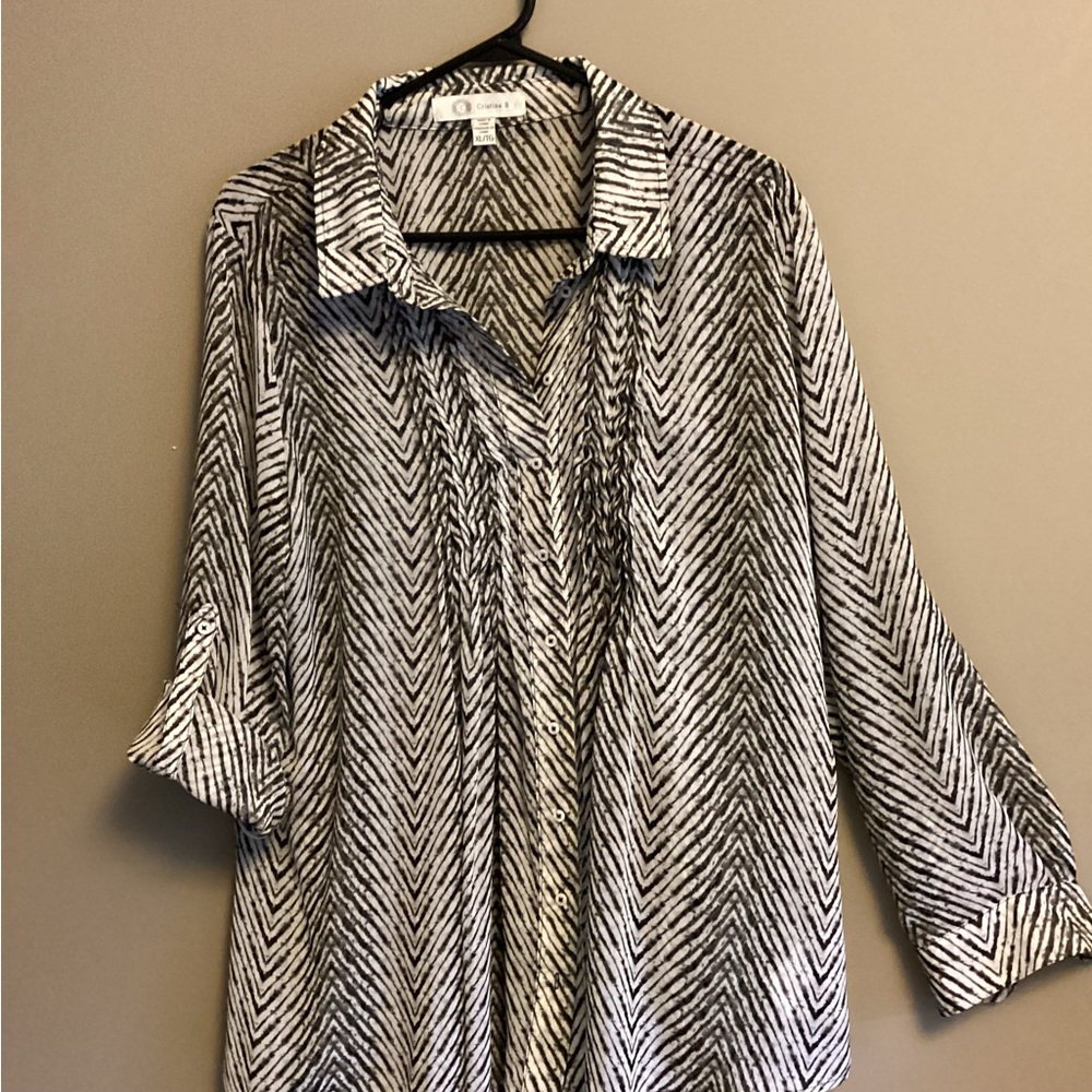 Black and White Boxy Button Down Shirt with Notched Collar